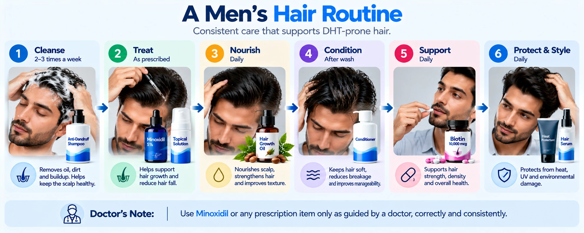 A Men’s Hair Routine for DHT-Prone Hair Men’s hair routine for DHT-prone hair showing cleansing, doctor-guided treatment, scalp nourishment, conditioning, supplements, and hair protection.