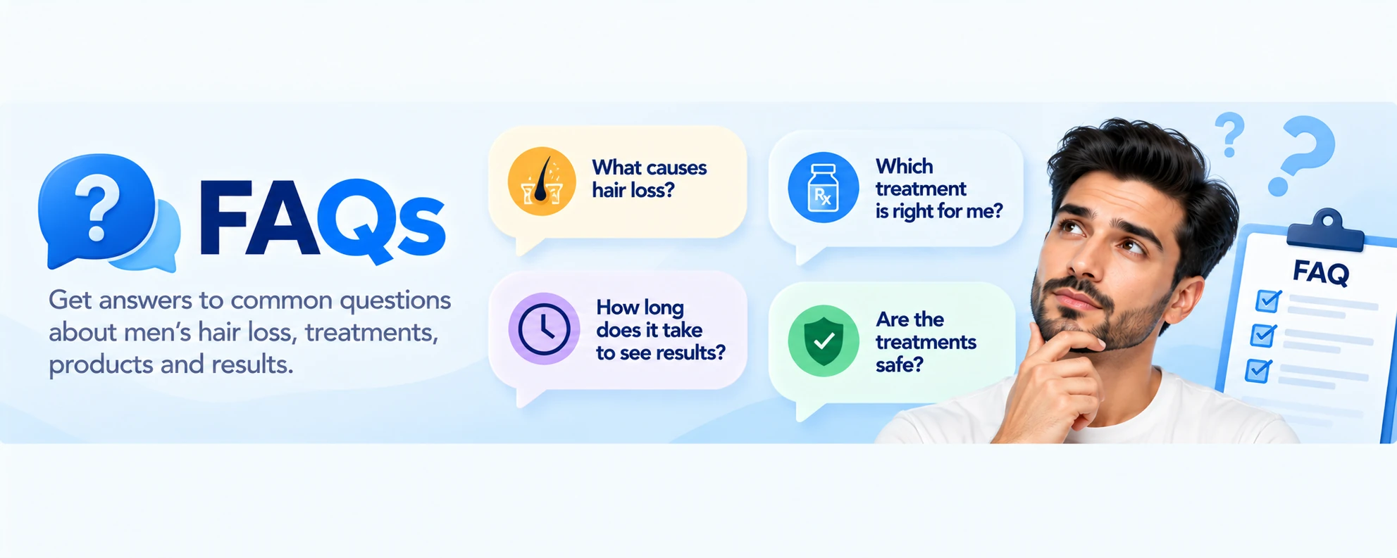 Frequently Asked Questions About Men’s Hair Loss Frequently asked questions about men’s hair loss covering causes, treatment options, product safety, and how long results may take.