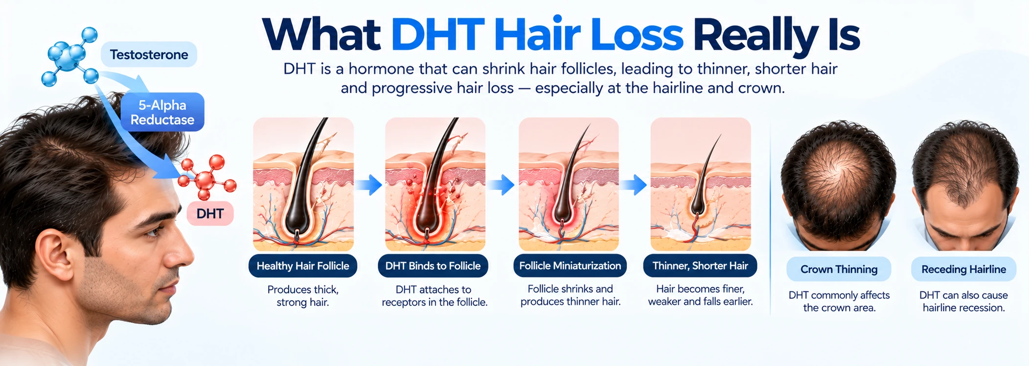 What DHT Hair Loss Really Is DHT hair loss explainer showing testosterone conversion to DHT, hair follicle miniaturization, crown thinning, and receding hairline.