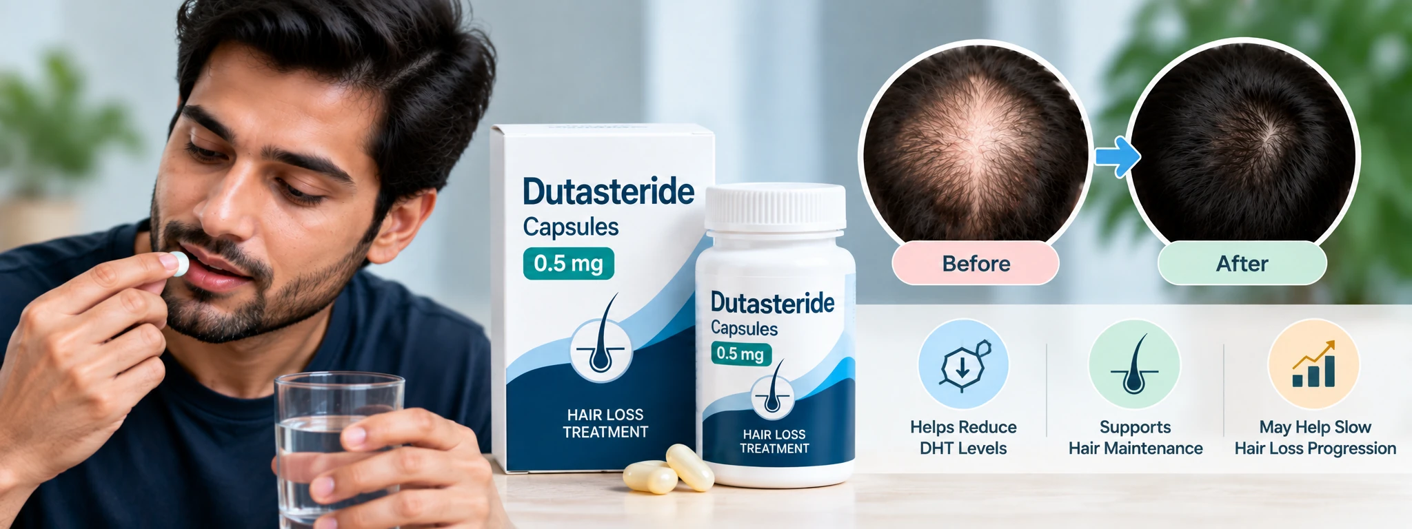 Dutasteride 0.5 mg capsules with product packaging and male scalp comparison illustrating DHT-related hair loss treatment.