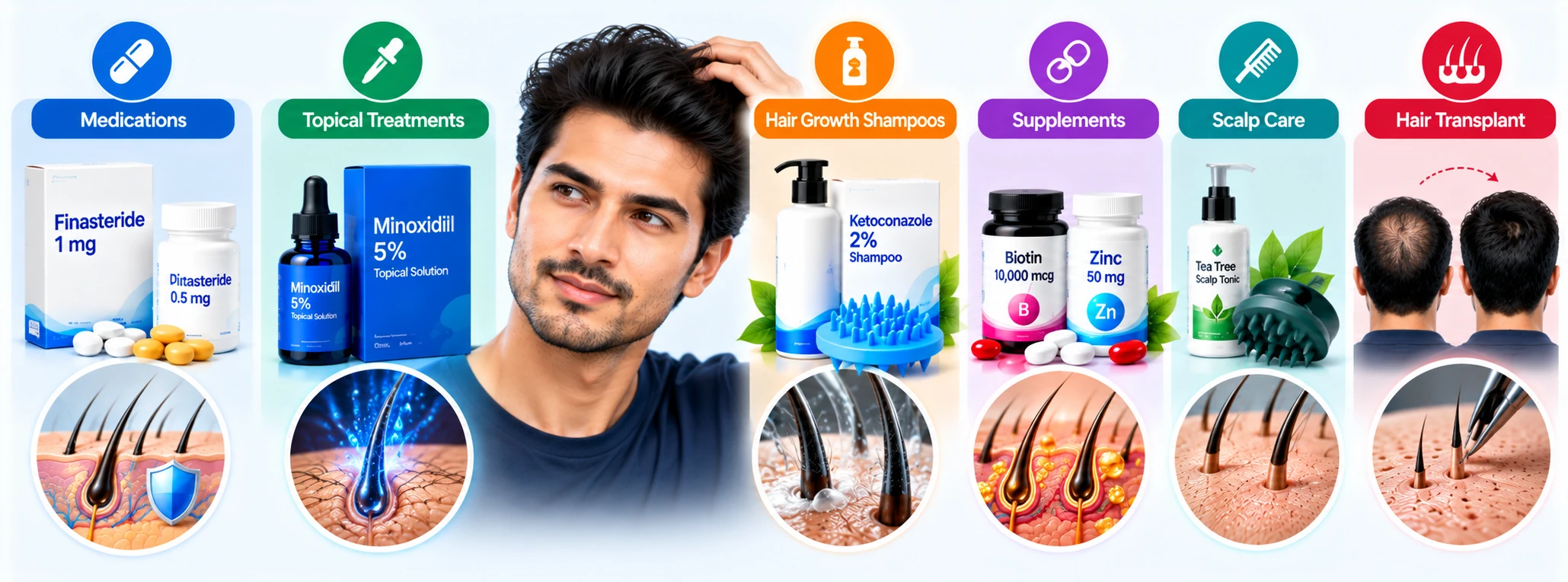 Best Hair Loss Product Categories for Men Best hair loss product categories for men showing medications, minoxidil, ketoconazole shampoo, supplements, scalp care, and hair transplant options.