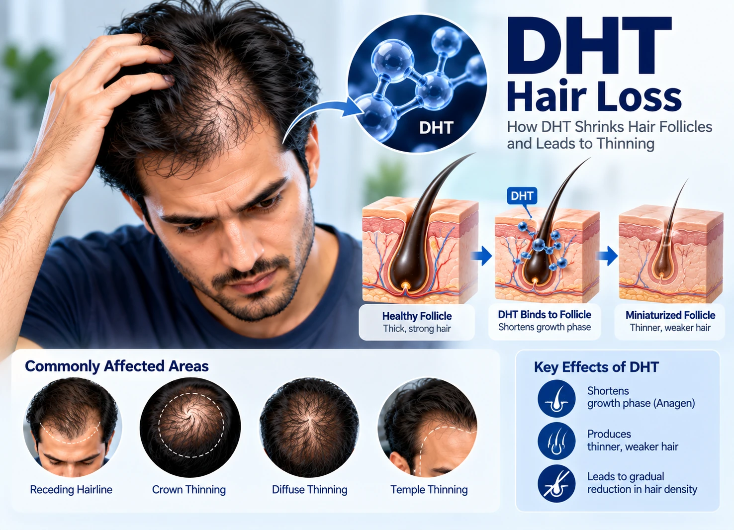 DHT Hair Loss and Follicle Miniaturization DHT hair loss visual showing DHT binding to sensitive hair follicles, follicle miniaturization, receding hairline, crown thinning, and reduced hair density.