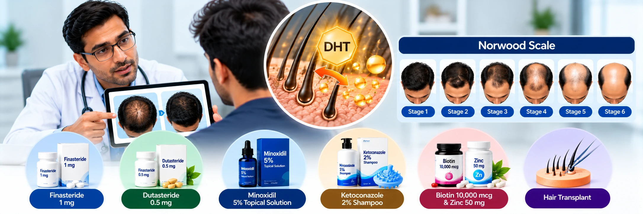 Doctor-Reviewed Male Pattern Baldness Treatment Guide Doctor reviewing male pattern baldness with DHT follicle changes, Norwood scale stages, and labeled hair loss treatment options.