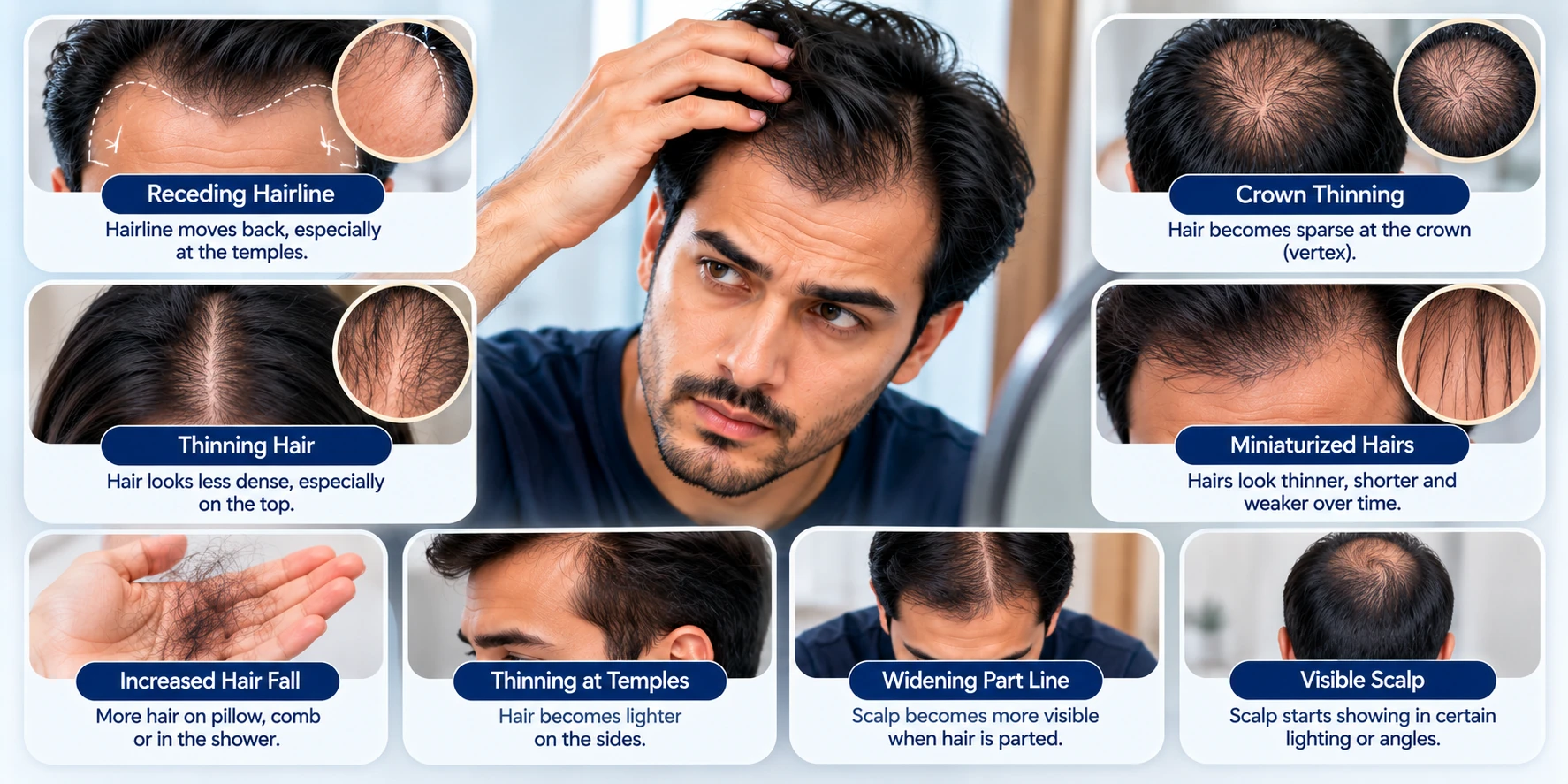 Early Signs of Male Pattern Baldness Early signs of male pattern baldness showing a receding hairline, crown thinning, thinning temples, miniaturized hairs, increased hair fall, and visible scalp.