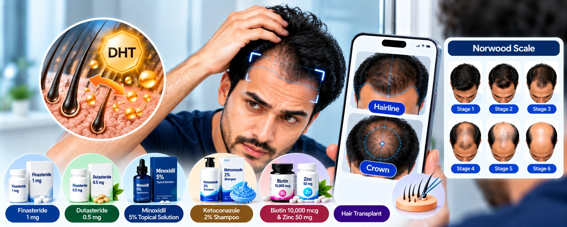 Male Pattern Baldness, Norwood Scale & Treatment Options Man using the AI Male Pattern Checker to assess hairline and crown thinning on the Norwood scale with labeled male hair loss treatment options.