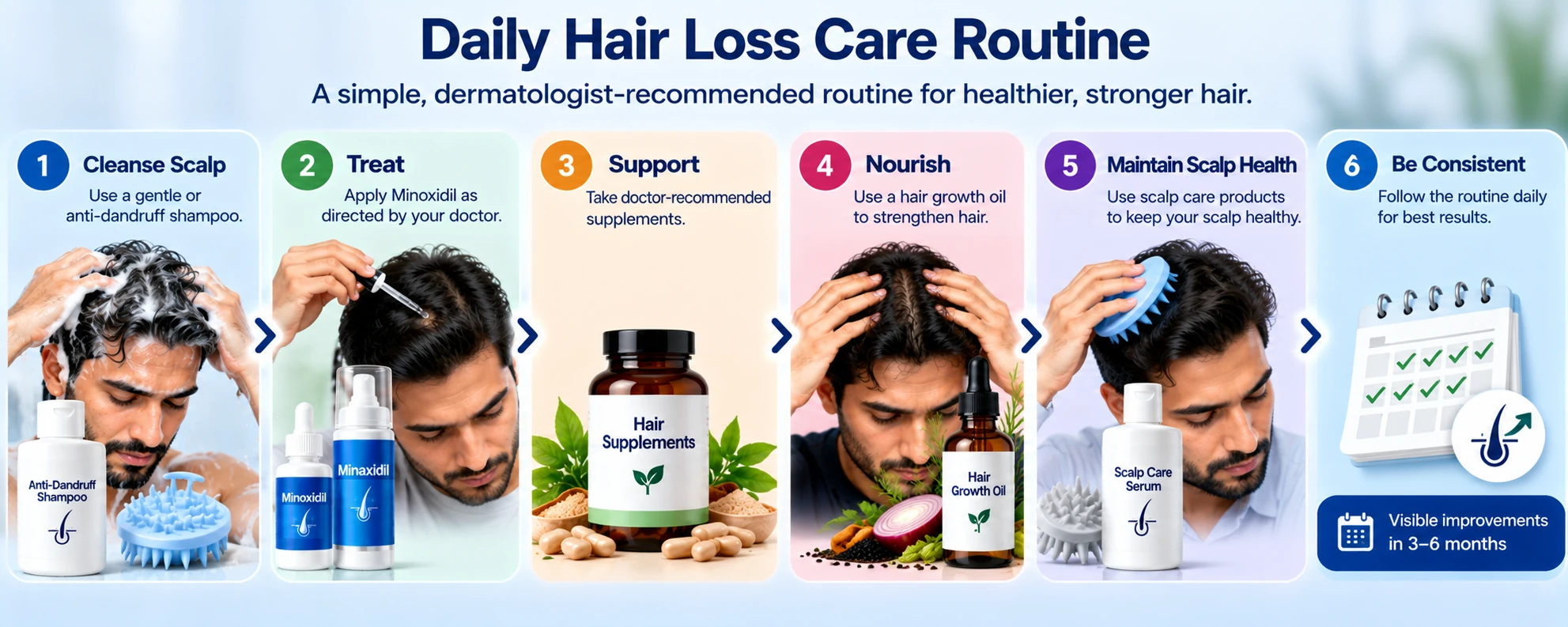 Daily hair loss care routine for men showing scalp cleansing, Minoxidil application, supplements, hair oil, scalp care, and consistent treatment.