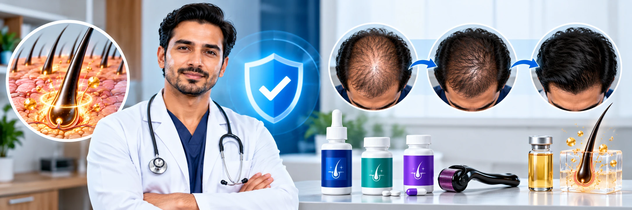 Doctor-reviewed Minoxidil for men guide showing hair follicle support, topical hair loss treatment, and hair density progress.