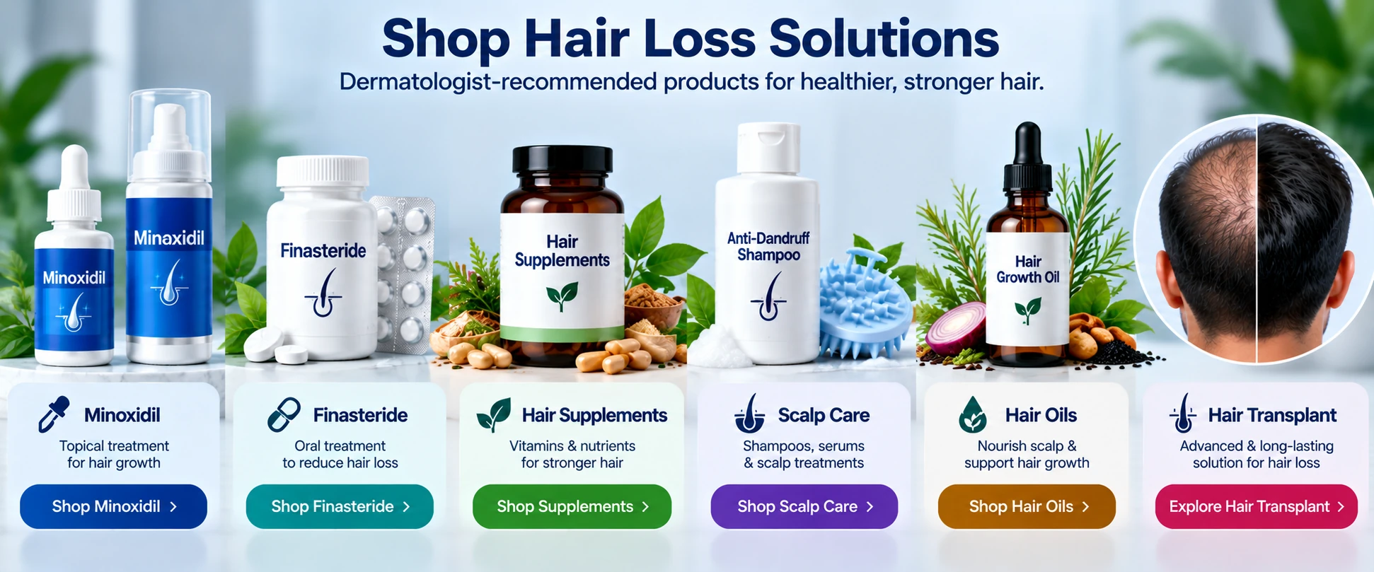 Hair loss solutions for men featuring Minoxidil, Finasteride, hair supplements, scalp care, hair oils, and hair transplant options.