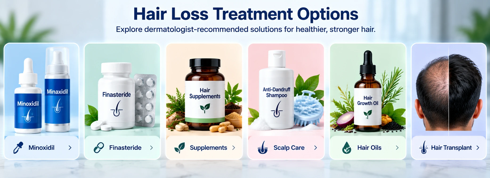 Hair loss treatment categories for men featuring Minoxidil, Finasteride, hair supplements, scalp care, hair oils, and hair transplant options.