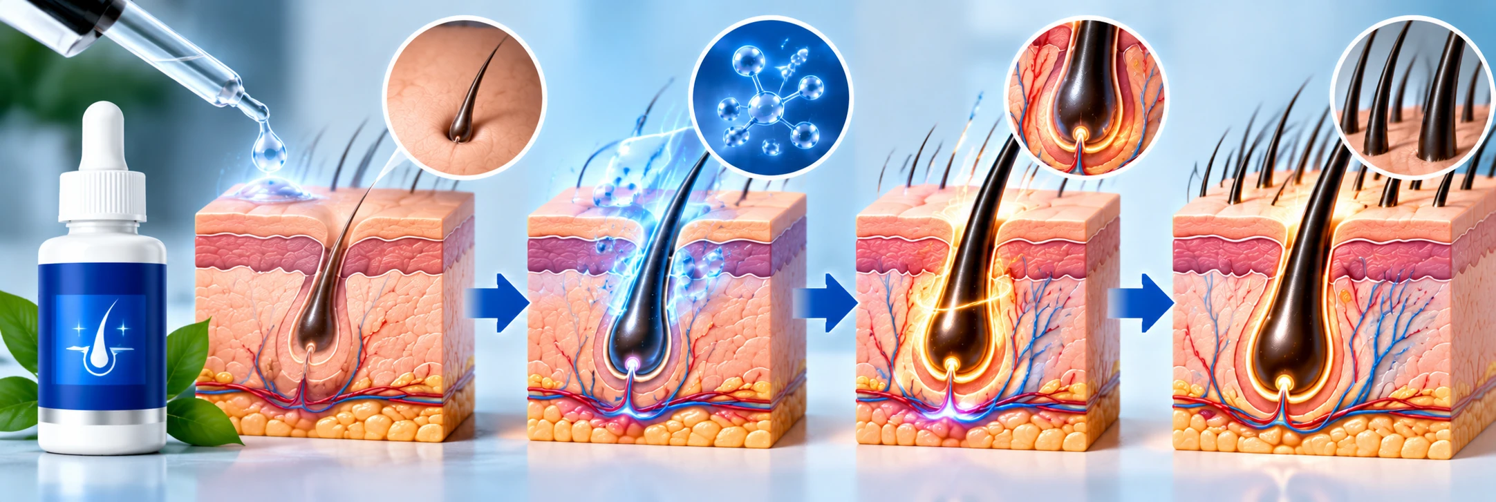 How Minoxidil works diagram showing topical application, hair follicle activity, improved growth phase, and progression from thinning to denser hair.