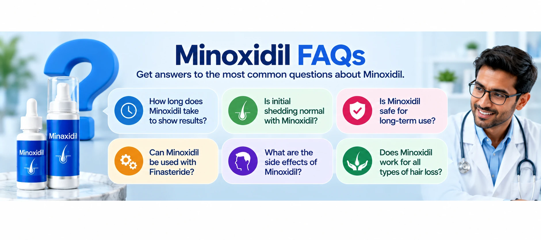 Minoxidil FAQs covering hair growth results, initial shedding, long-term use, side effects, Finasteride combination, and different types of hair loss.