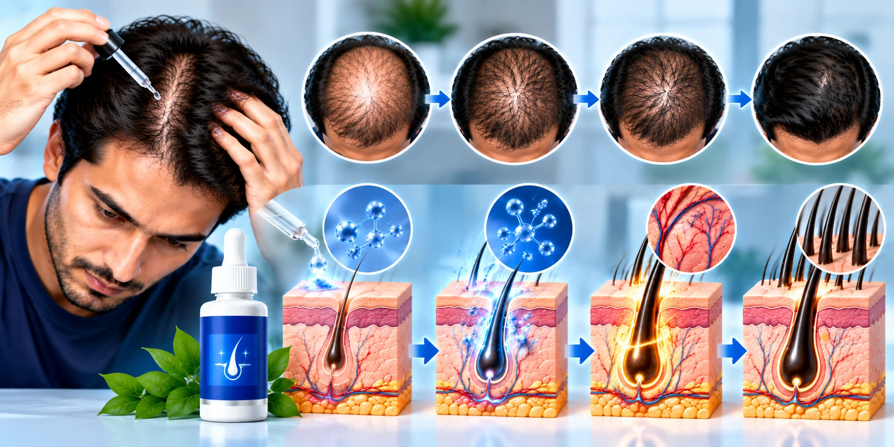 Minoxidil for men visual guide showing topical application, hair follicle support, and gradual improvement in crown hair density.