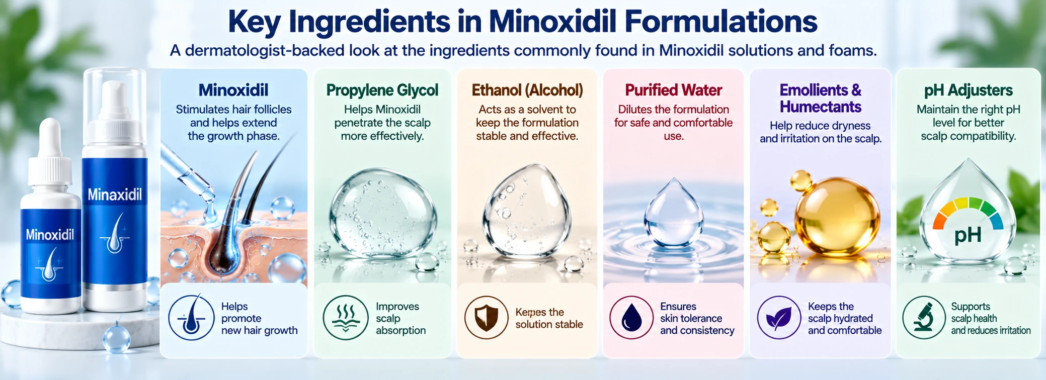 Minoxidil ingredient guide showing Minoxidil, propylene glycol, ethanol, purified water, emollients, humectants, and pH adjusters used in topical formulations.