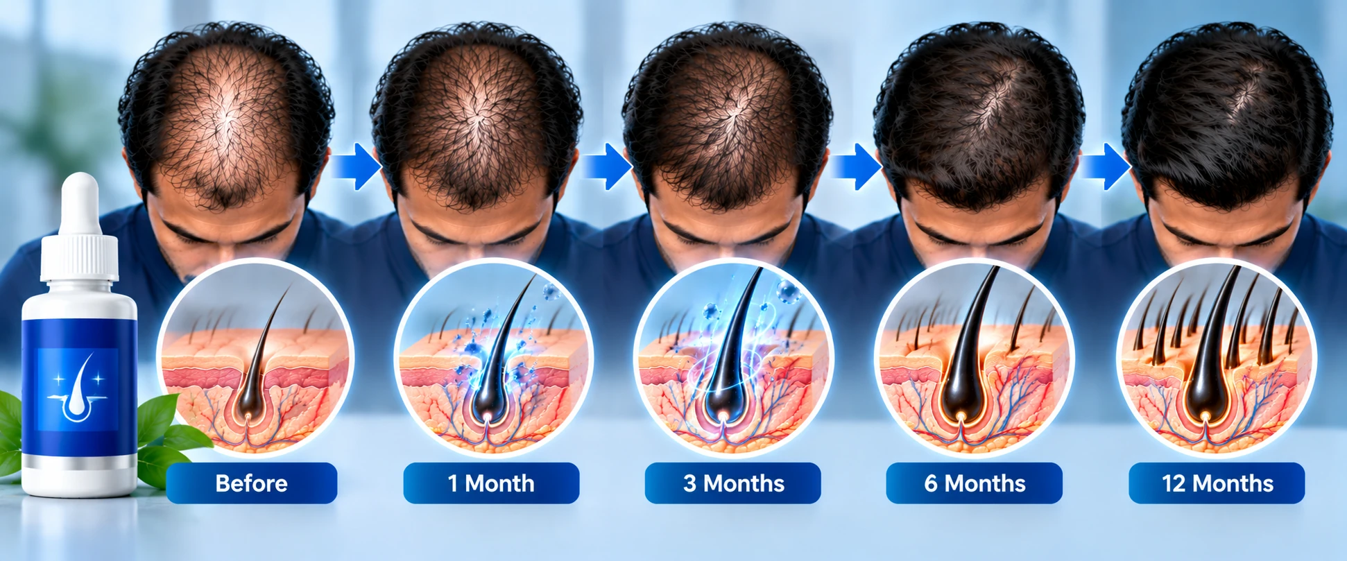 Minoxidil hair growth timeline showing changes in crown hair density from before treatment through 1, 3, 6, and 12 months.