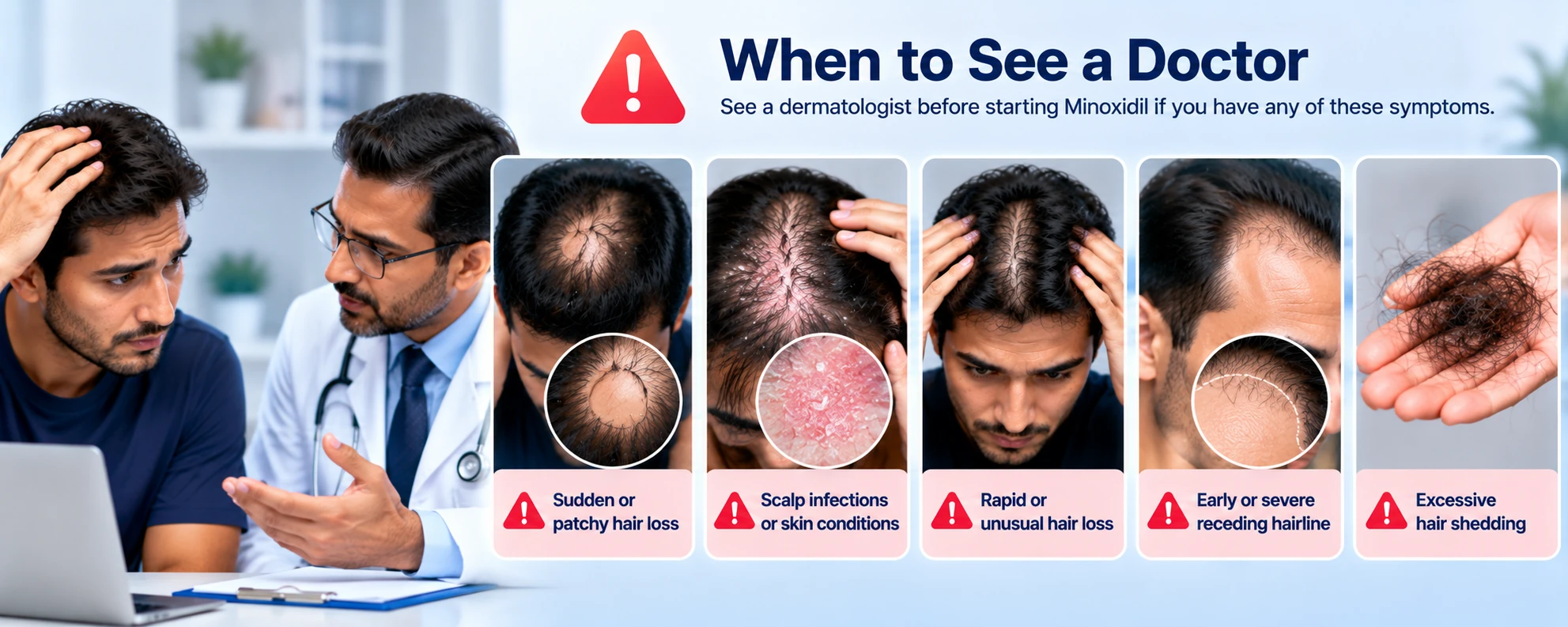 Minoxidil red-flag symptoms showing sudden patchy hair loss, scalp irritation, rapid hair loss, severe receding hairline, and excessive shedding requiring dermatologist assessment.