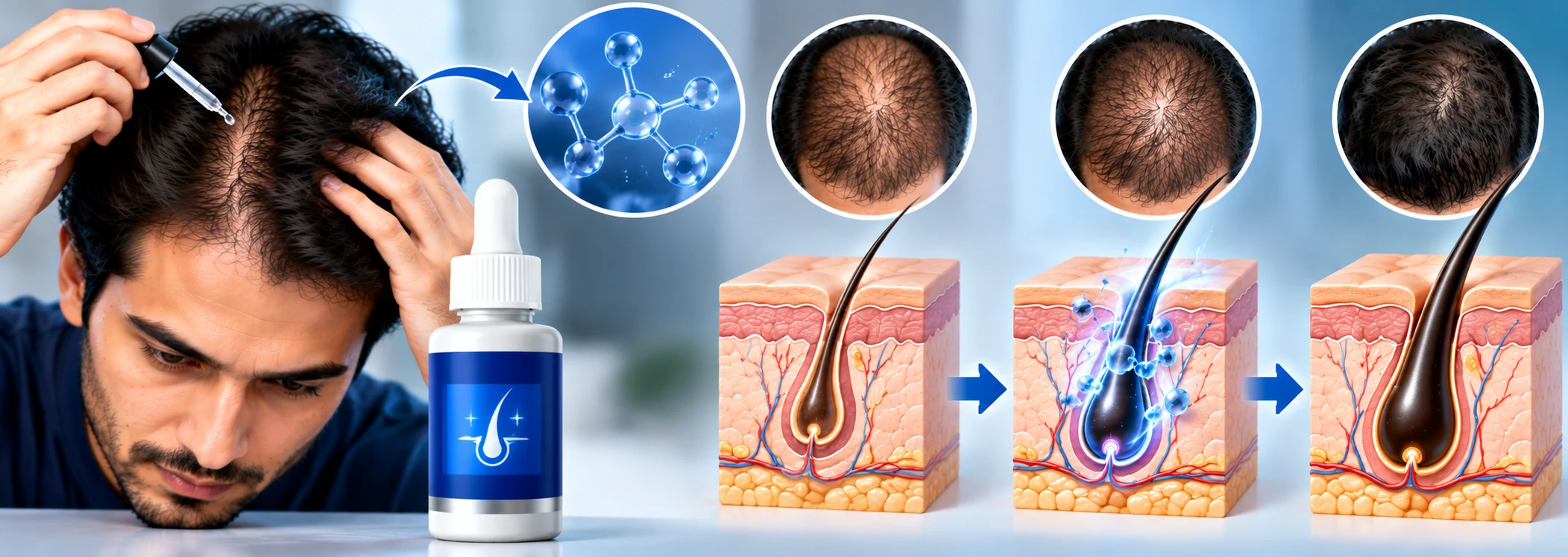 Minoxidil explainer showing topical application to thinning hair, hair follicle activity, and progressive improvement in visible hair density.