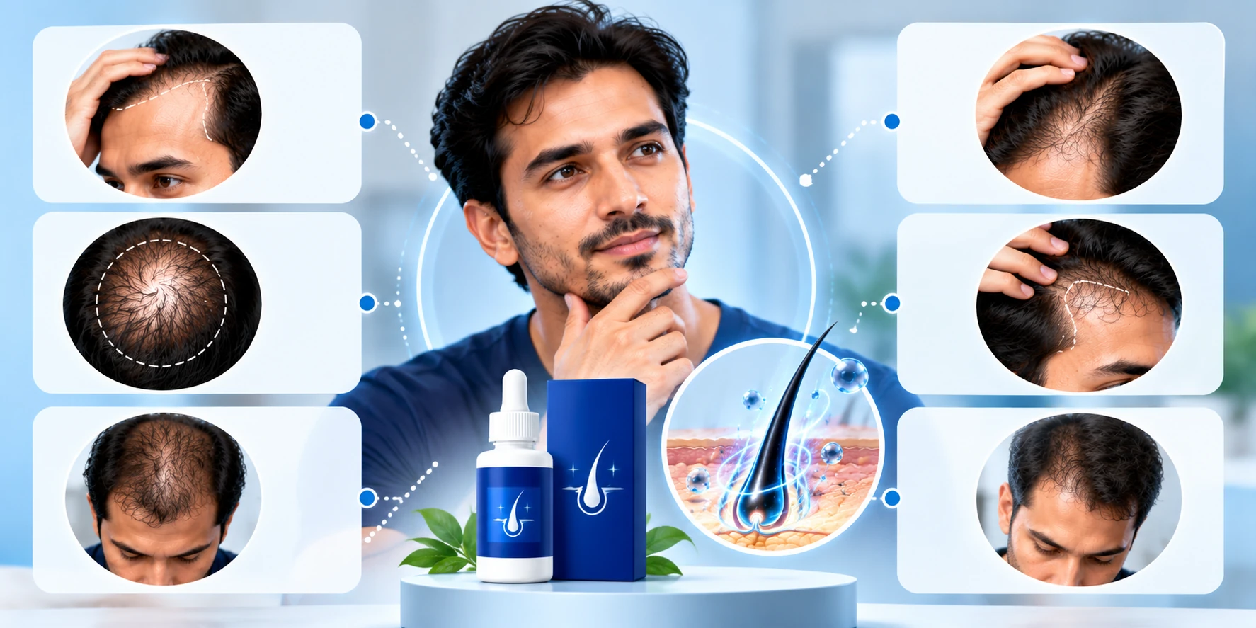 Men who may suit Minoxidil treatment showing early hairline recession, crown thinning, temple thinning, and reduced hair density.