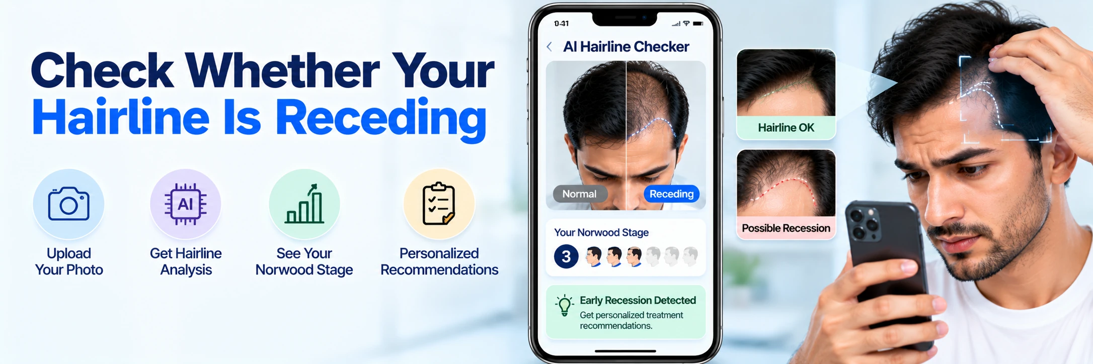 AI Receding Hairline Checker Man using an AI hairline checker to assess temple recession and identify his Norwood stage for a possible receding hairline.