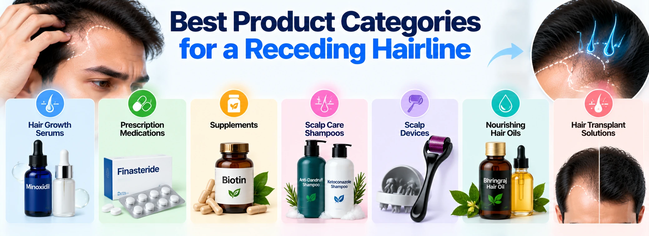 Best Product Categories for a Receding Hairline Best product categories for a receding hairline featuring Minoxidil, Finasteride, Dutasteride, anti-dandruff scalp care, hair growth serums, hair oils, supplements, and hair transplant options.