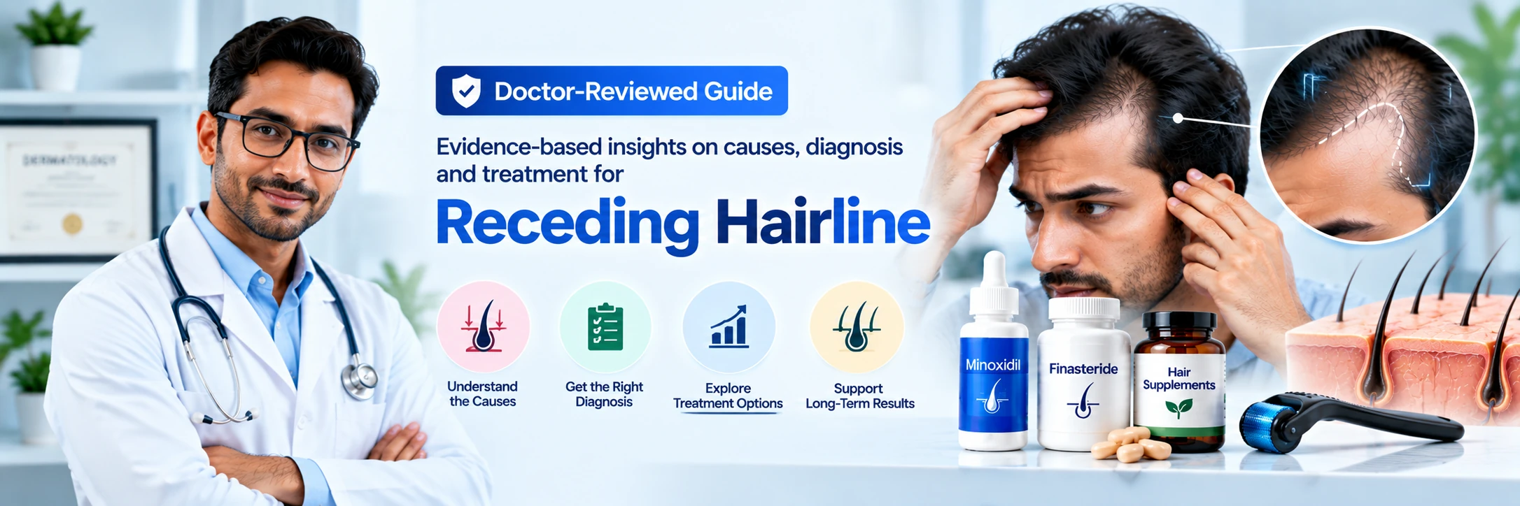 Doctor-Reviewed Receding Hairline Treatment Guide Doctor-reviewed receding hairline guide showing temple thinning, hairline assessment, Minoxidil, Finasteride, and hair loss treatment options.