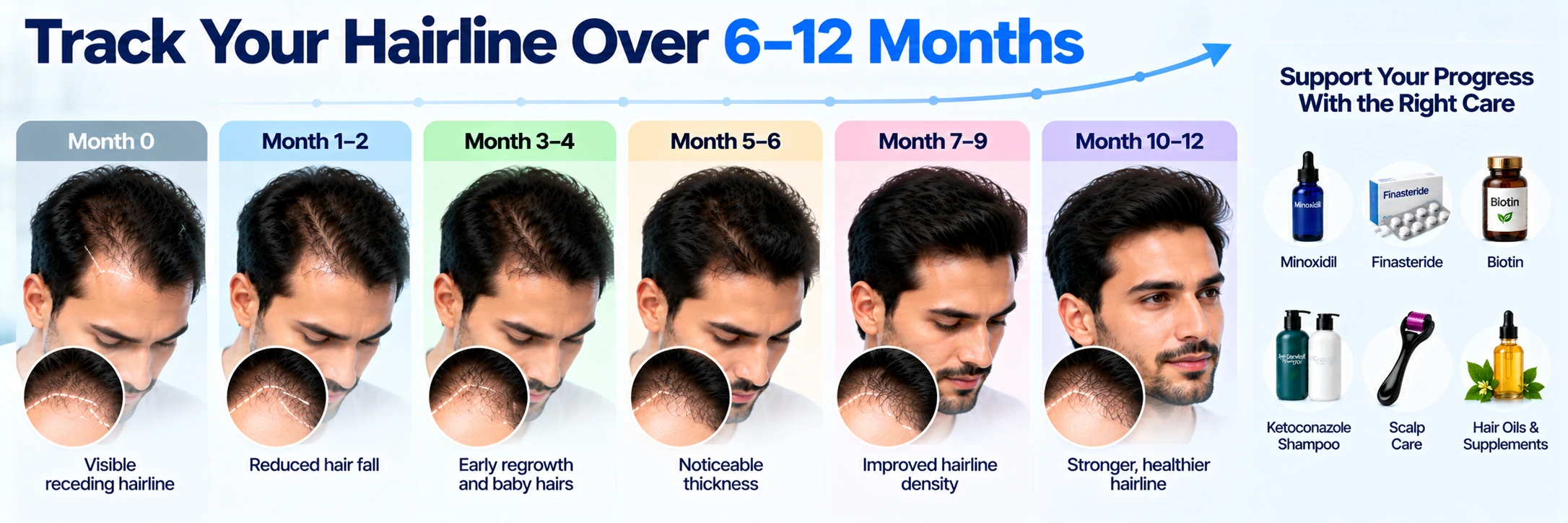 Receding hairline progress tracking over 6 to 12 months showing changes in hairline density with consistent doctor-guided treatment and supportive care.