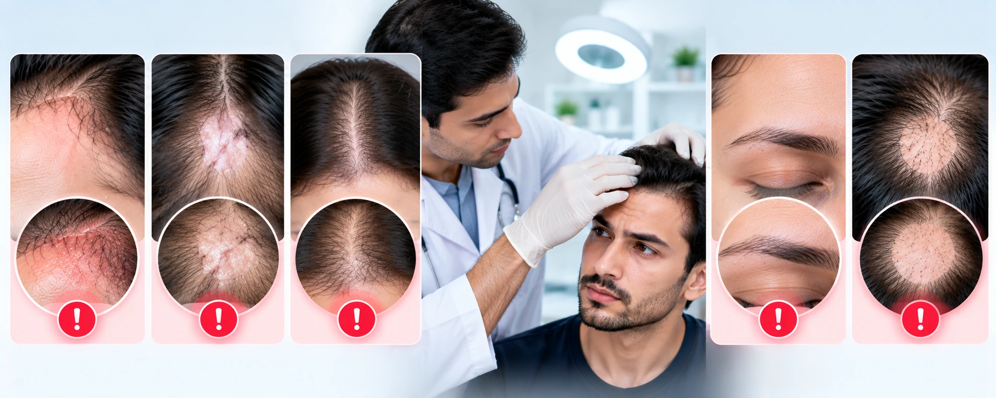 Receding Hairline Red Flags — When to See a Dermatologist Dermatologist examining hair loss red flags including scalp redness, inflammation, scarring, patchy hair loss, and eyebrow thinning.