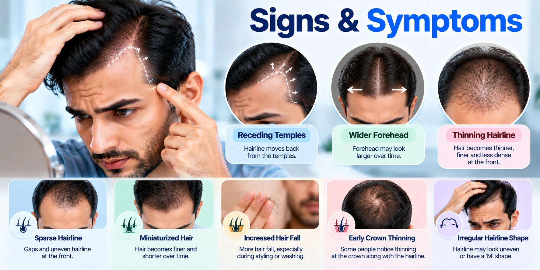 Signs and Symptoms of a Receding Hairline Early signs of a receding hairline in men showing temple recession, wider forehead, thinning hairline, miniaturized hair, increased shedding, and crown thinning.