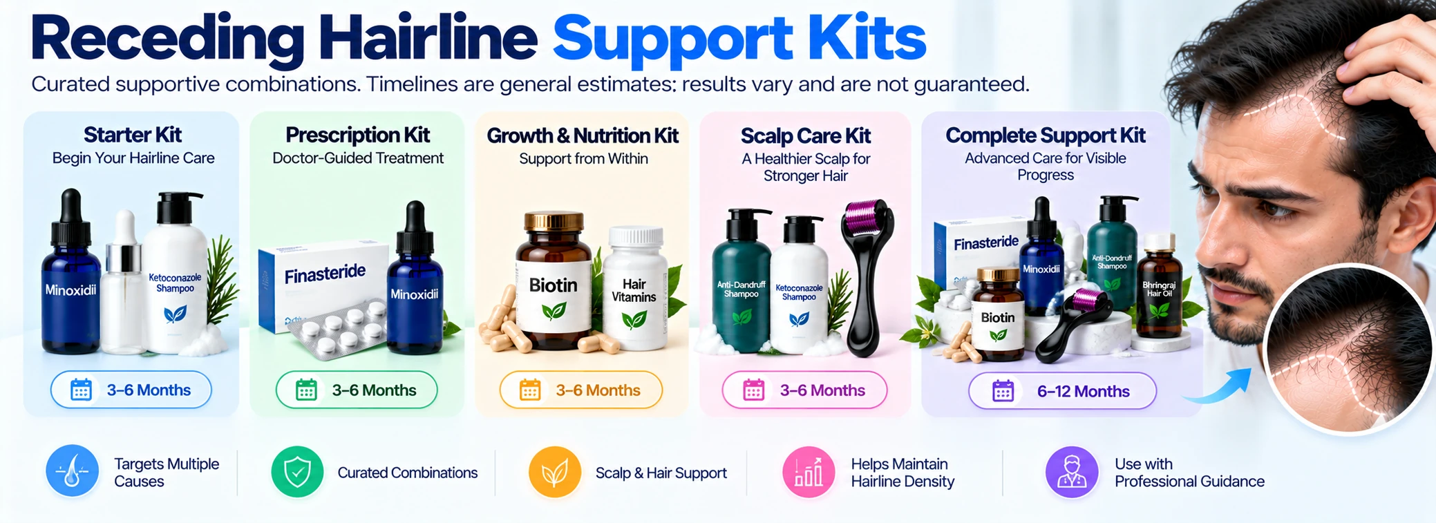 Receding Hairline Support Kits & Bundles Receding hairline support kits featuring Minoxidil, Finasteride, Biotin, Ketoconazole shampoo, scalp care, hair vitamins, and supportive hair products.