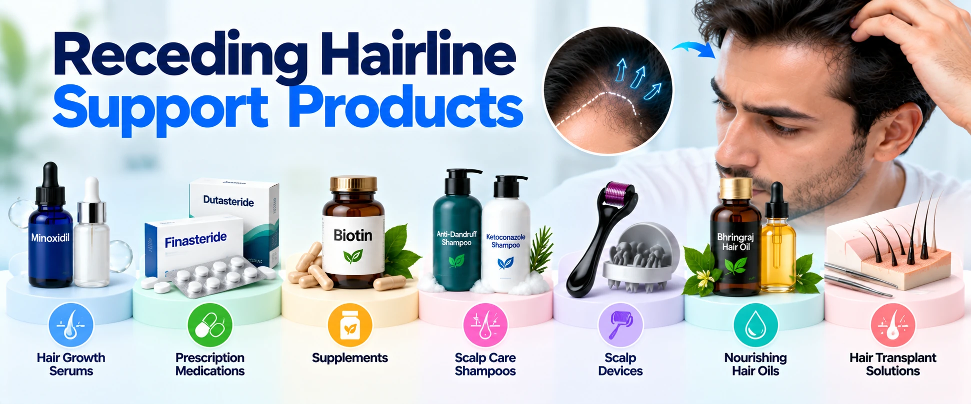 Receding Hairline Support Products Receding hairline support products featuring Minoxidil, Finasteride, Dutasteride, supplements, scalp care shampoos, scalp devices, hair oils, and hair transplant options.