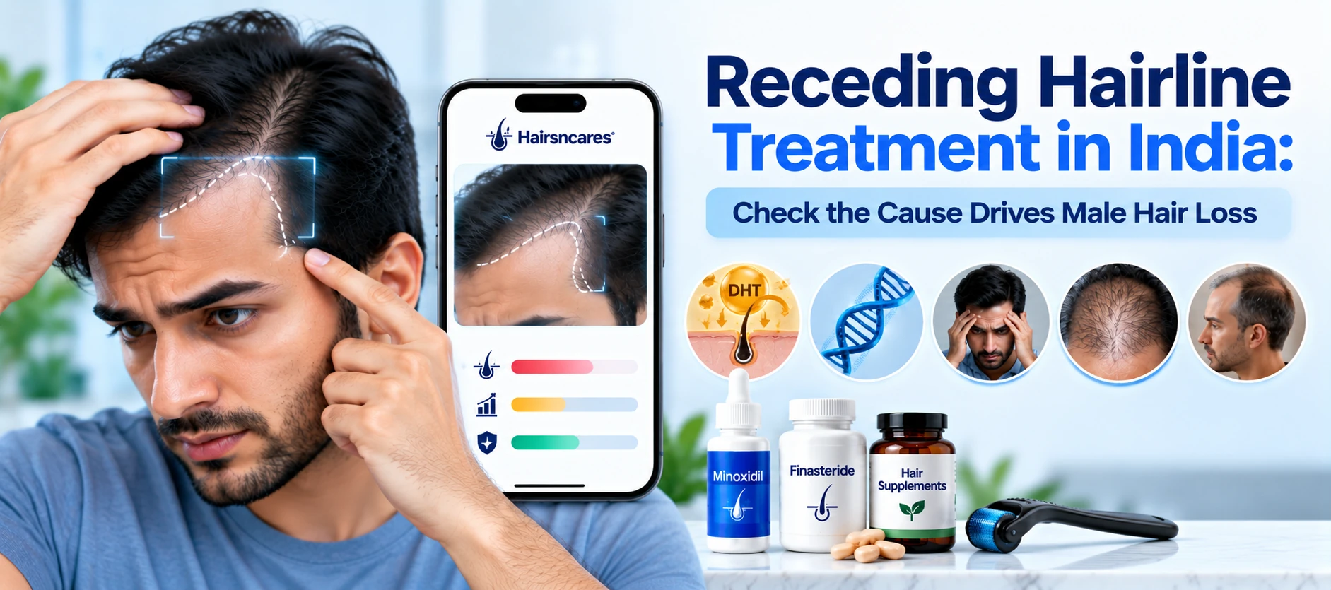 Receding Hairline Treatment in India Man checking a receding hairline at the temples using the AI hairline checker — Hairsncares