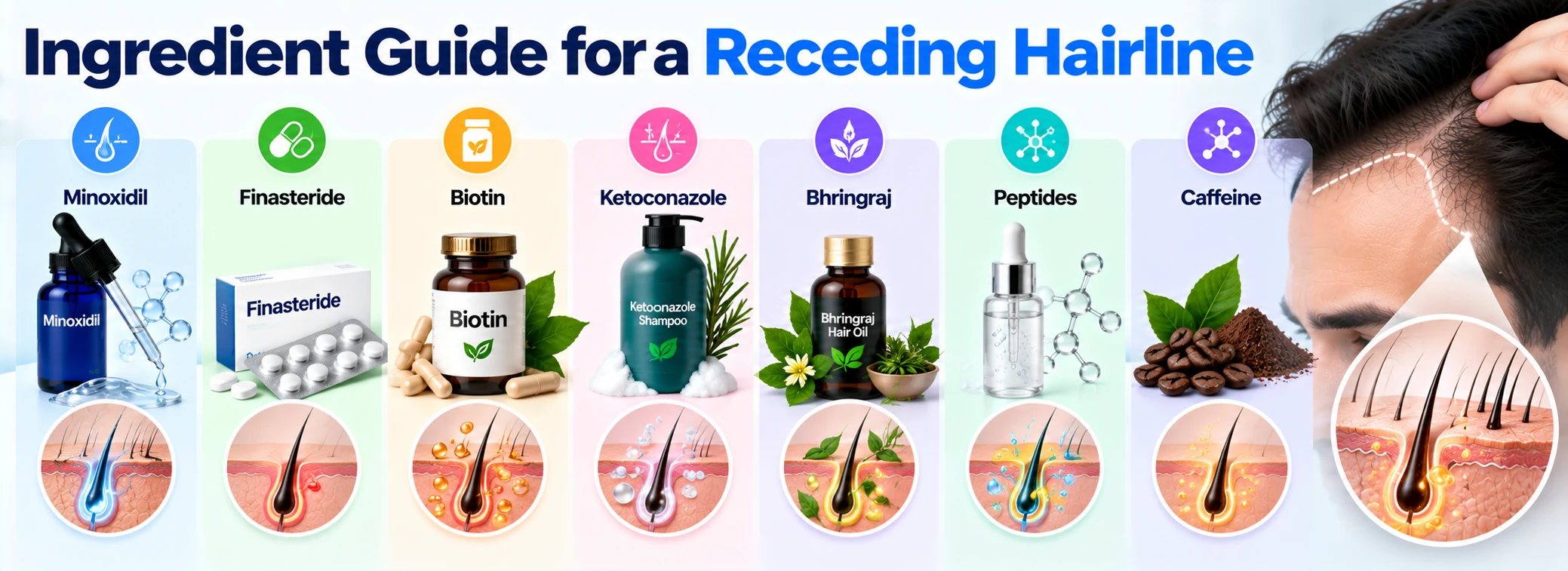Ingredient Guide for a Receding Hairline Receding hairline ingredient guide featuring Minoxidil, Finasteride, Biotin, Ketoconazole, Bhringraj, peptides, and caffeine for hair and scalp care.