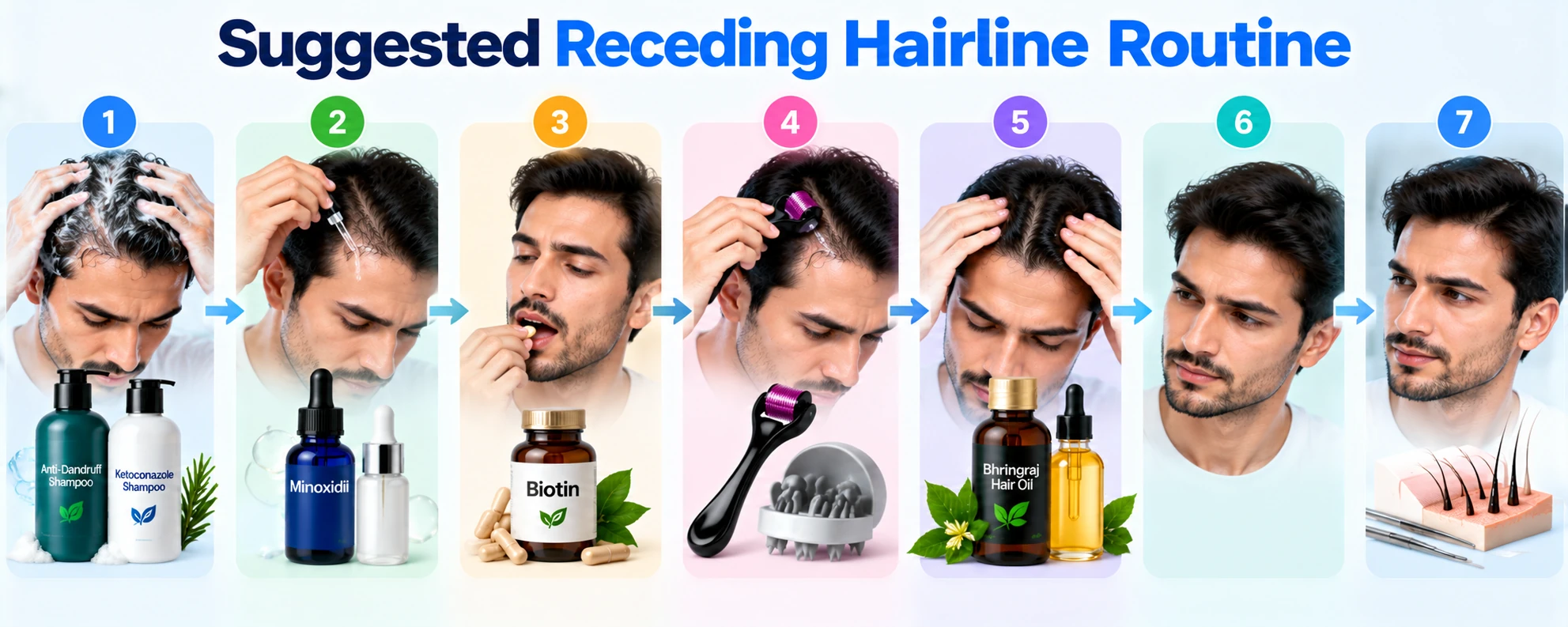 Suggested Receding Hairline Routine Suggested receding hairline routine showing scalp cleansing, Minoxidil, supplements, scalp care, hair oil, progress monitoring, and hair transplant consultation.