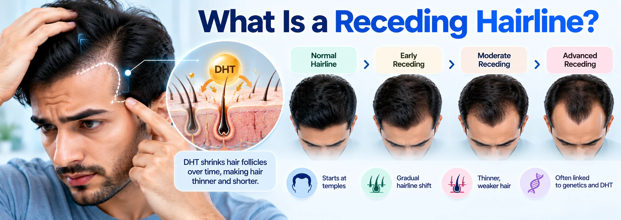 What Is a Receding Hairline? Receding hairline explainer showing temple recession, DHT-related follicle miniaturization, and progression from a normal to advanced receding hairline.