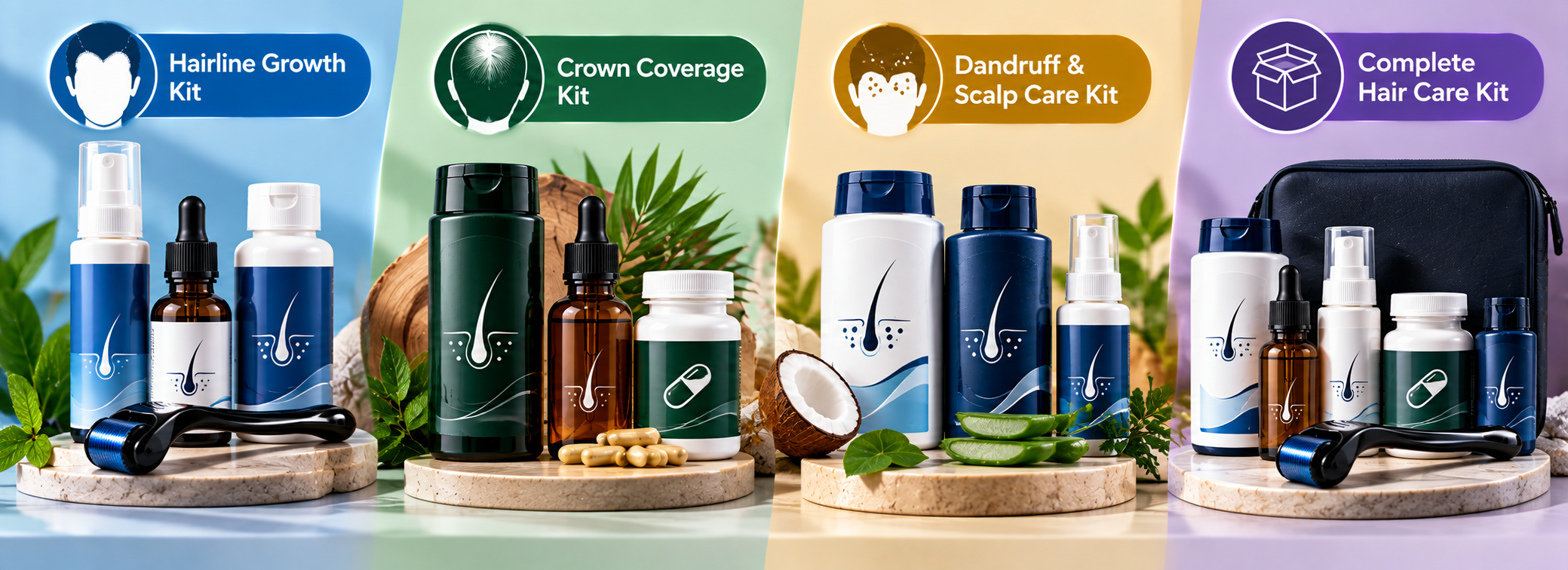 Men's hair loss kits for hairline growth, crown coverage, dandruff and scalp care, and complete hair care