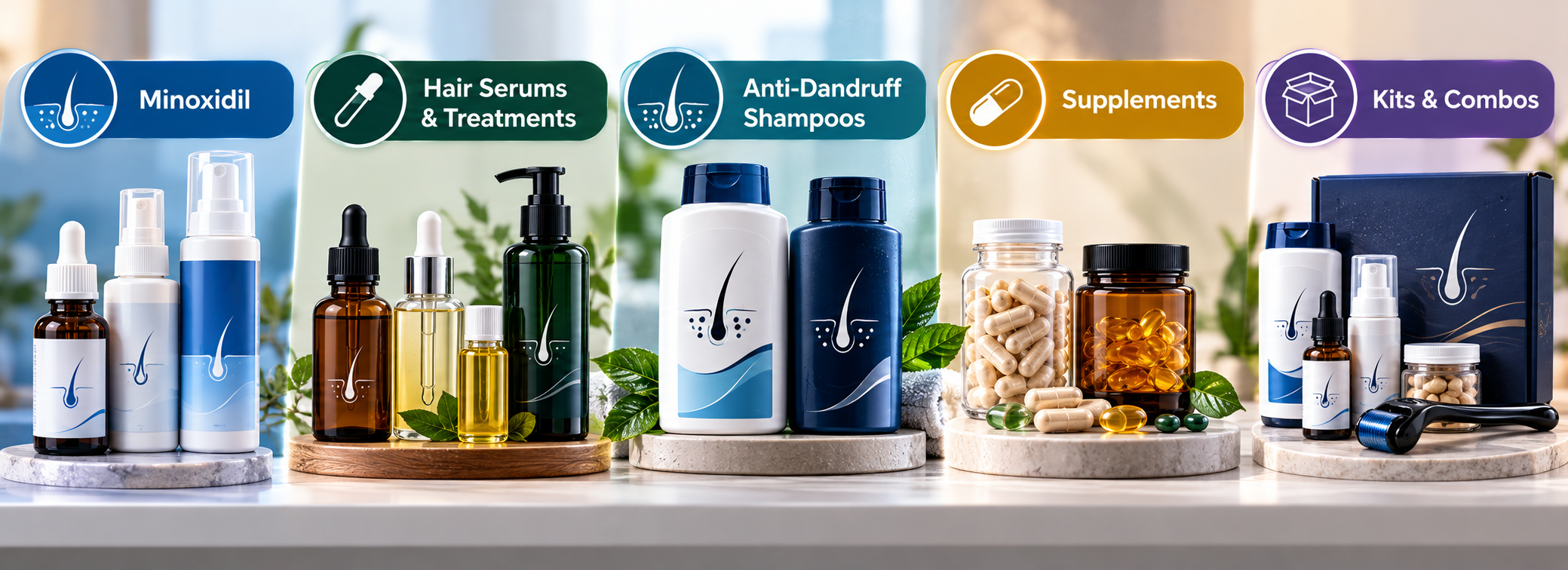 Men's hair loss product categories including Minoxidil, hair serums, anti-dandruff shampoos, supplements, and kits