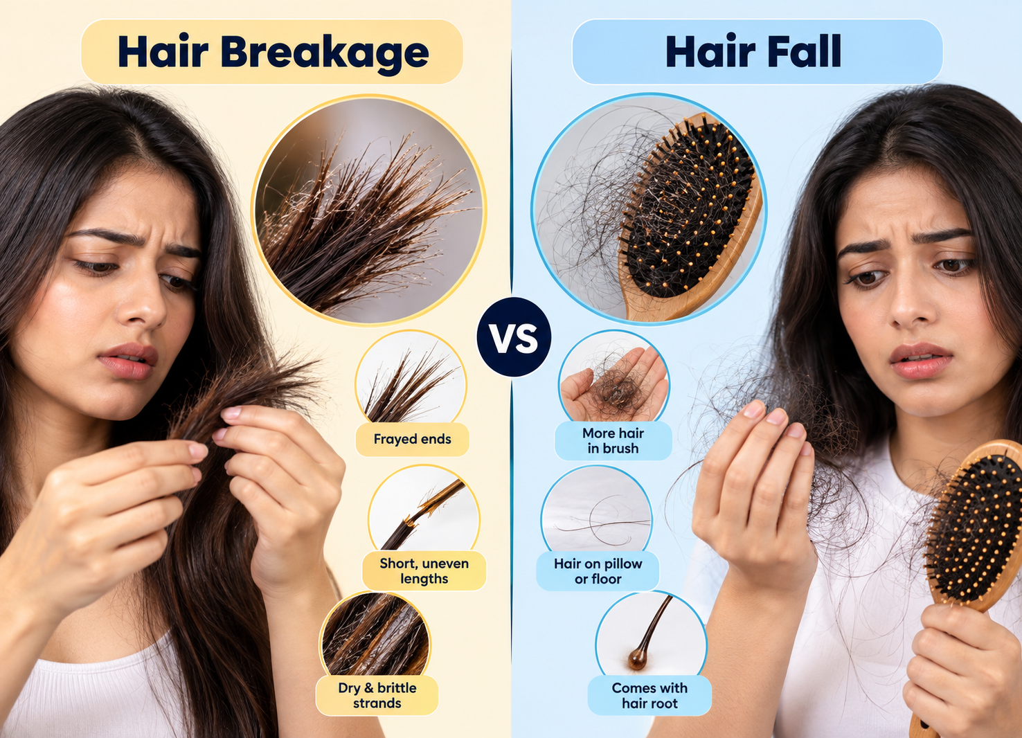 alt: "Diagram comparing normal daily shedding, hair fall from root and strand breakage" · 900×320 WebP