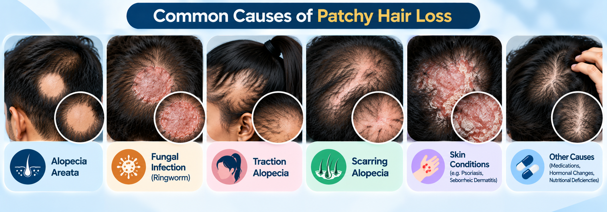 Common causes of patchy hair loss including alopecia areata, fungal infection, traction alopecia and scarring alopecia