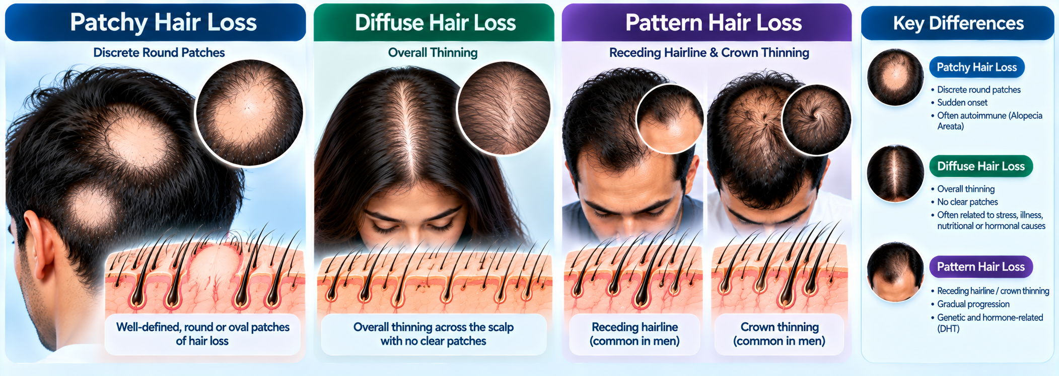 Patchy hair loss with discrete round bald patches compared with diffuse and pattern hair loss