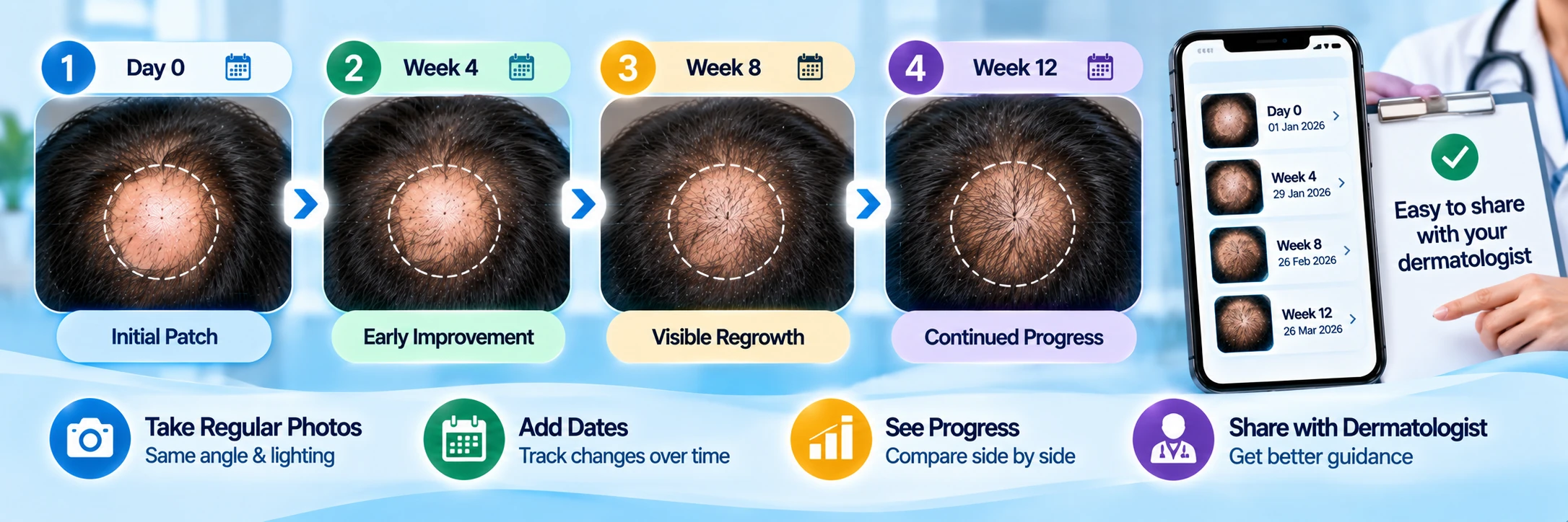 alt: "Patchy loss tracking with dated photos for your dermatologist" · 900×200 WebP