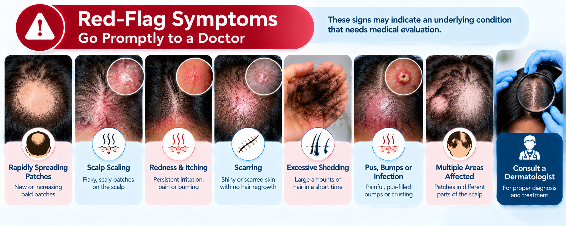 Patchy hair loss warning signs including rapidly spreading patches, scalp scaling, redness, scarring, excessive shedding, and infection