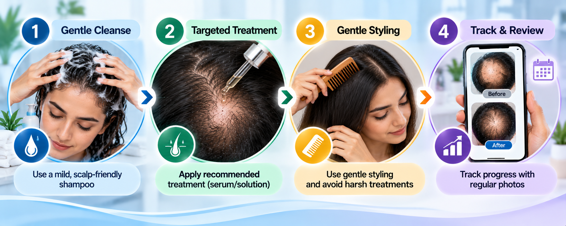 Gentle patchy hair loss routine with daily cleansing, treatment, gentle styling and progress review
