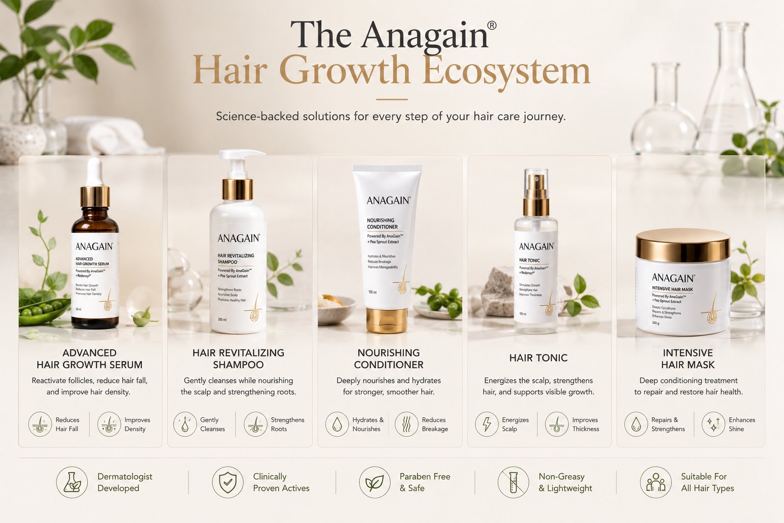 Anagain cosmetic hair serum and haircare product collection