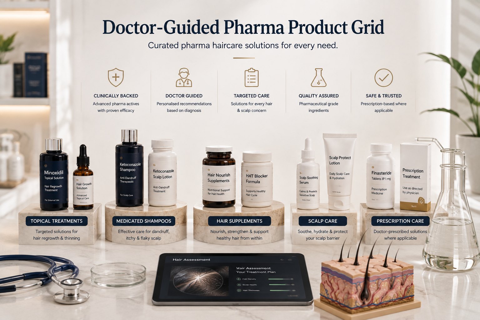 Doctor-guided pharma haircare product selection with clinical scalp treatment products