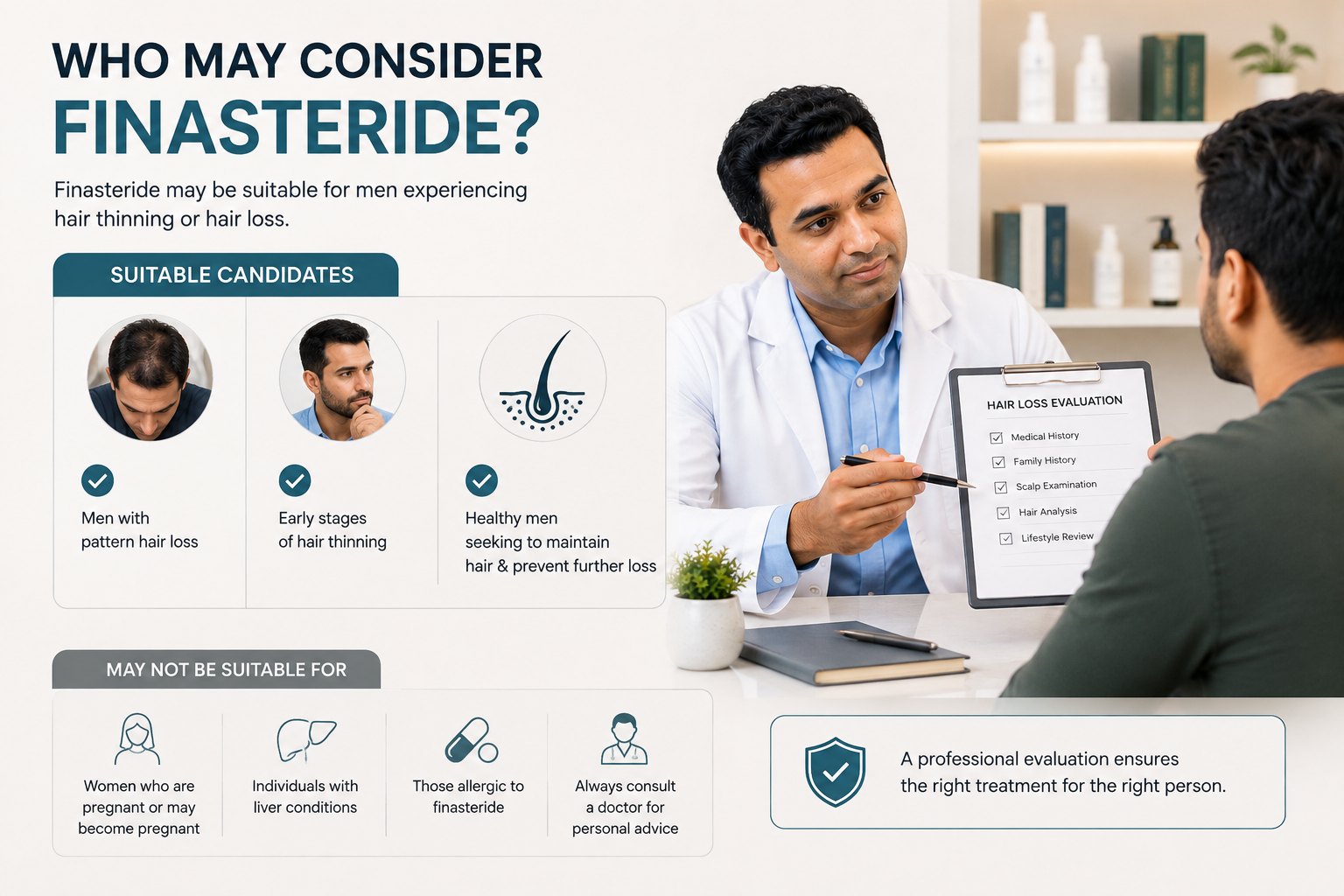 Dermatologist assessing Finasteride suitability after hair loss diagnosis