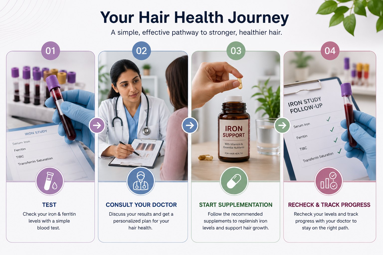 Iron hair fall pathway from ferritin testing to doctor-guided supplementation