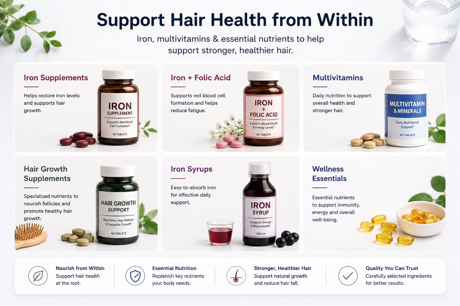 Iron and multivitamin hair nutrition supplement categories