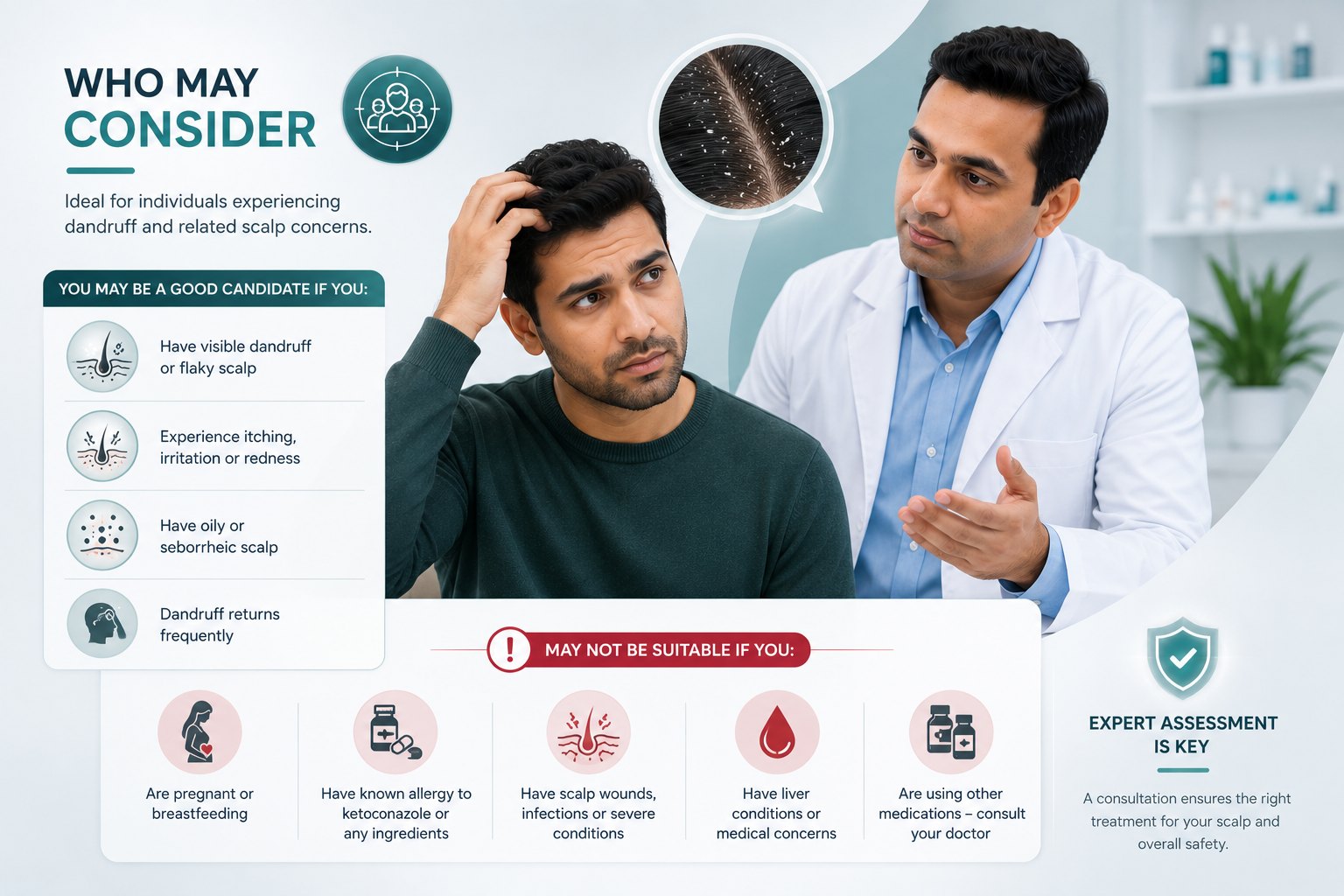 Dermatologist assessing whether ketoconazole shampoo suits a dandruff-prone scalp