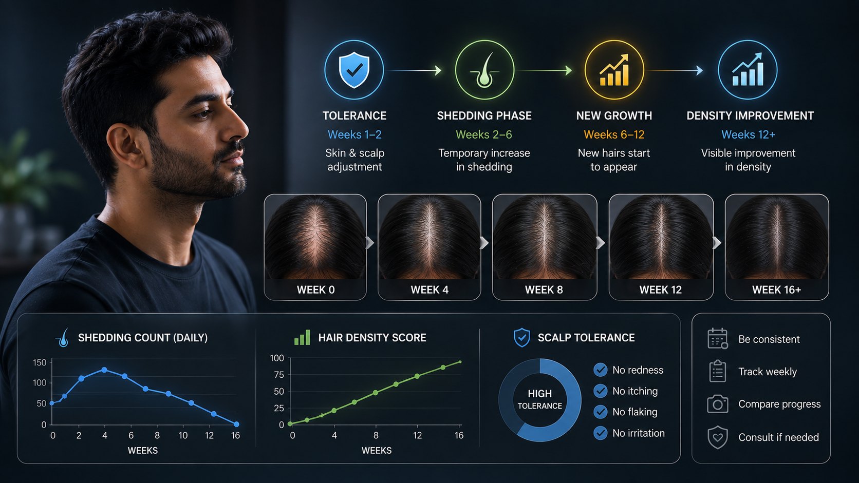 Minoxidil progress tracking timeline with standardized scalp photos shedding logs symptoms adherence and doctor follow-up