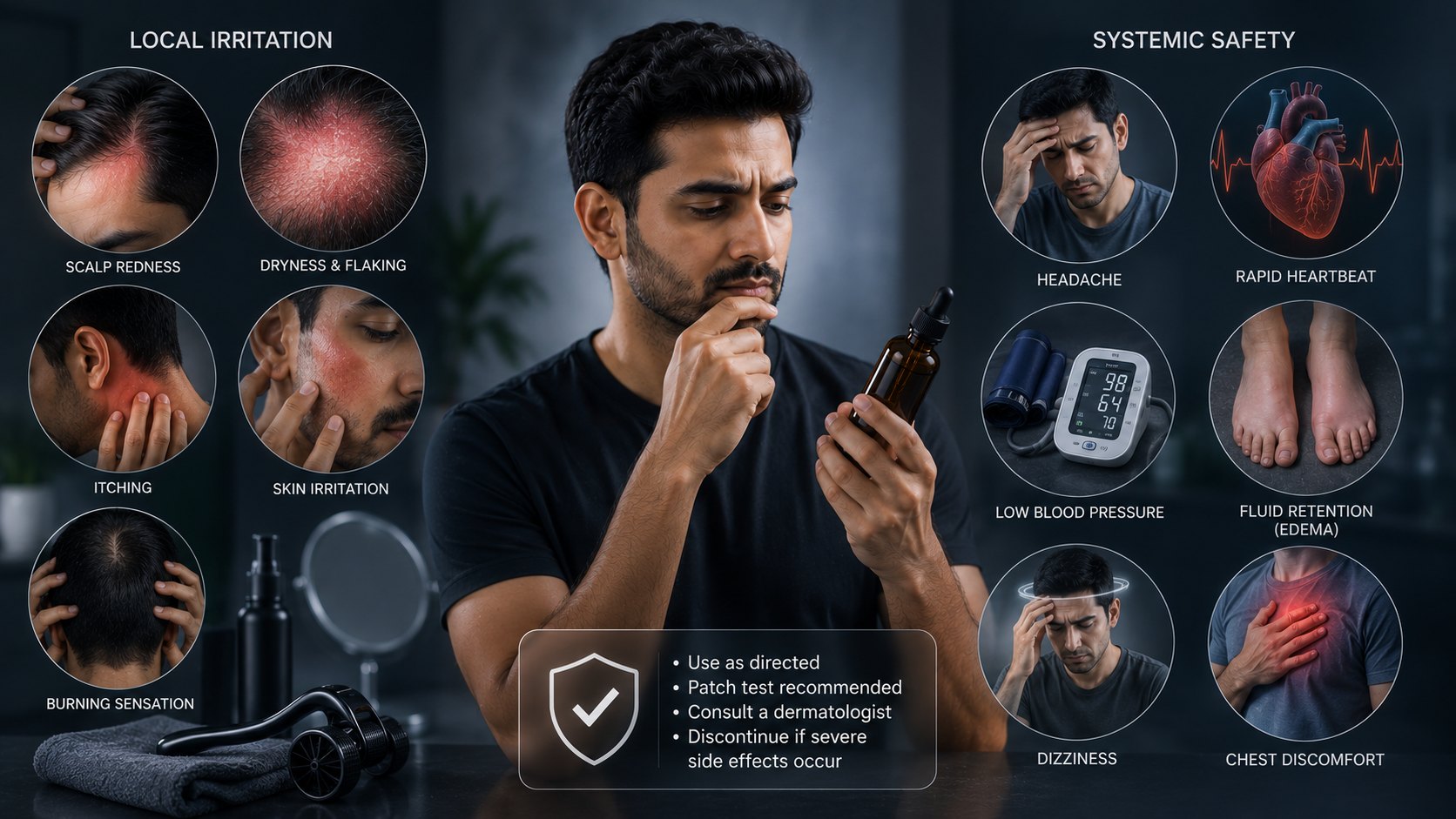 Possible Minoxidil side effects including scalp irritation shedding dryness unwanted hair growth and serious warning symptoms