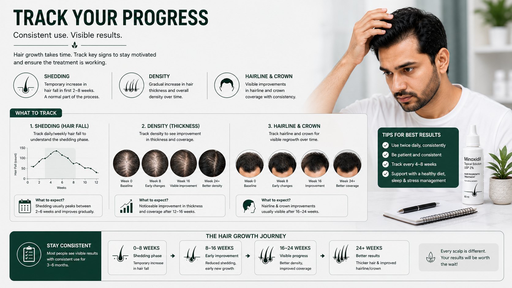 Tracking Minoxidil 2 percent hair density shedding and scalp response